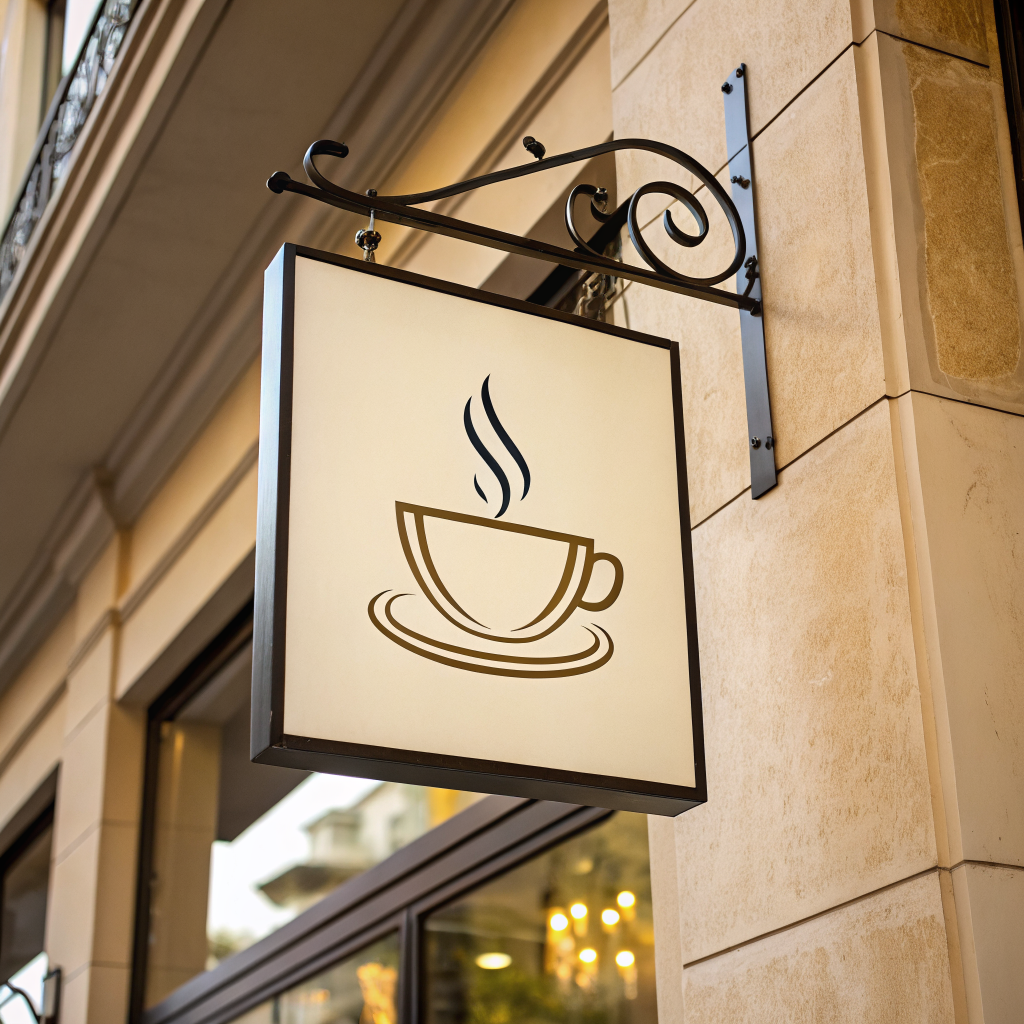 Minimalist coffee shop logo, a simple line-art coffee cup with r…