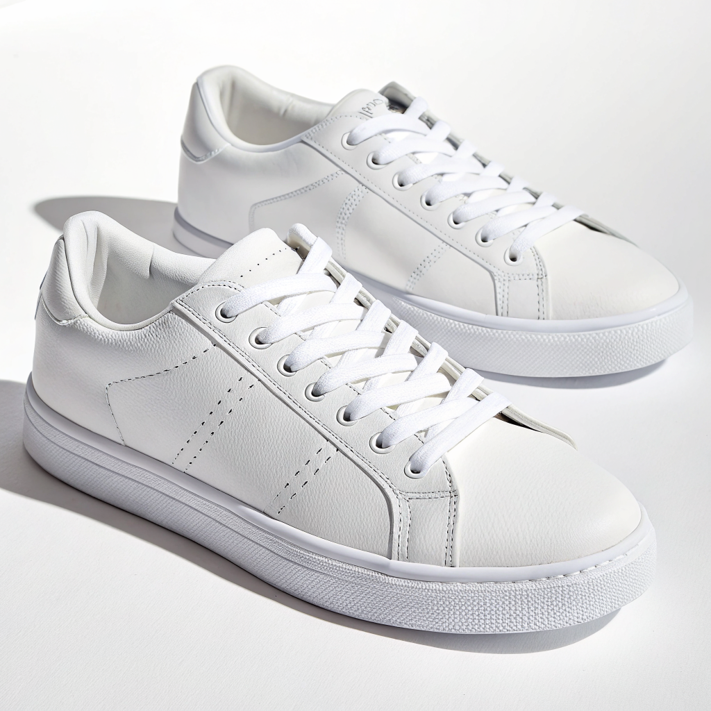 E-commerce product photo, white sneakers on a clean white backgr…
