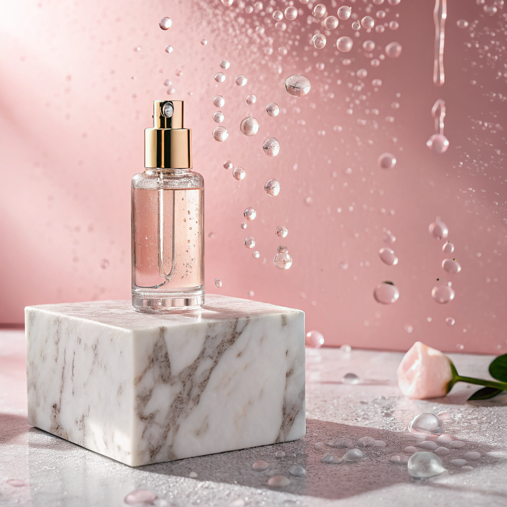 Premium cosmetic product ad, a glass serum bottle on a marble po…