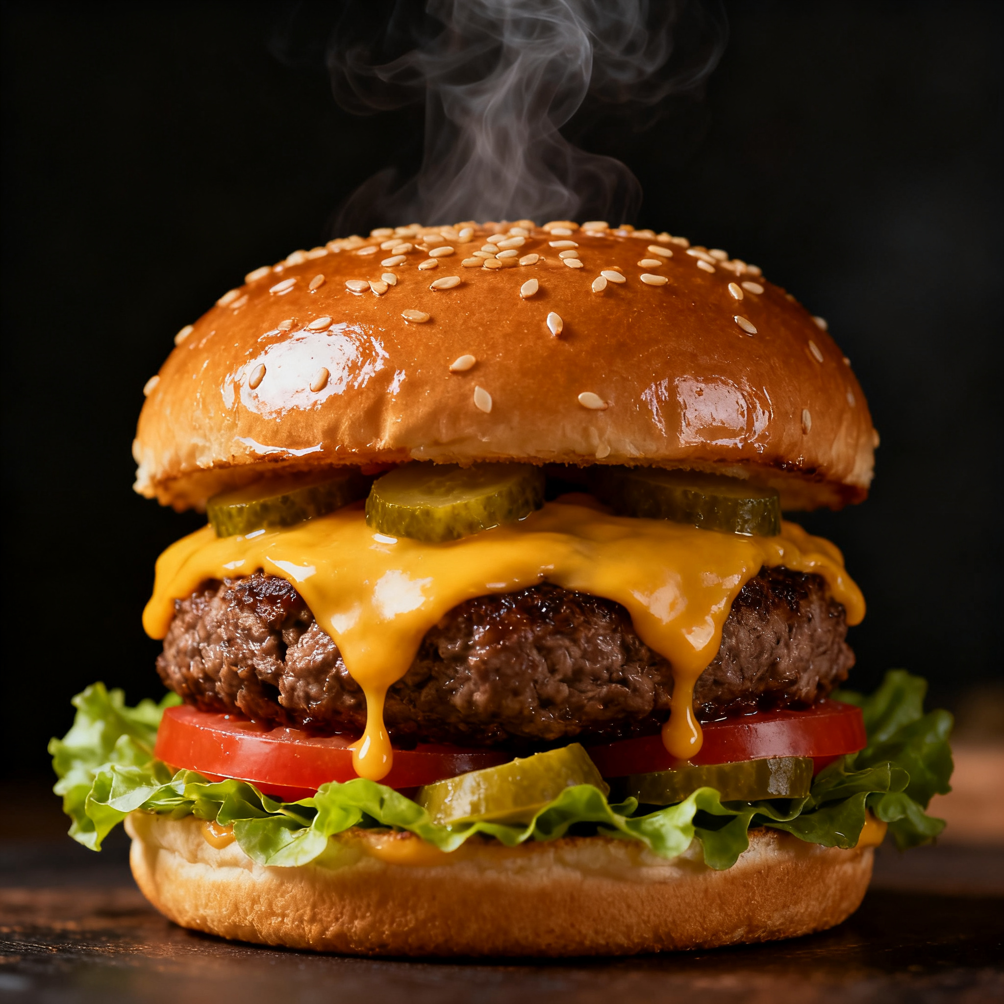 Gourmet cheeseburger close-up, melted cheese, juicy patty, sesam…