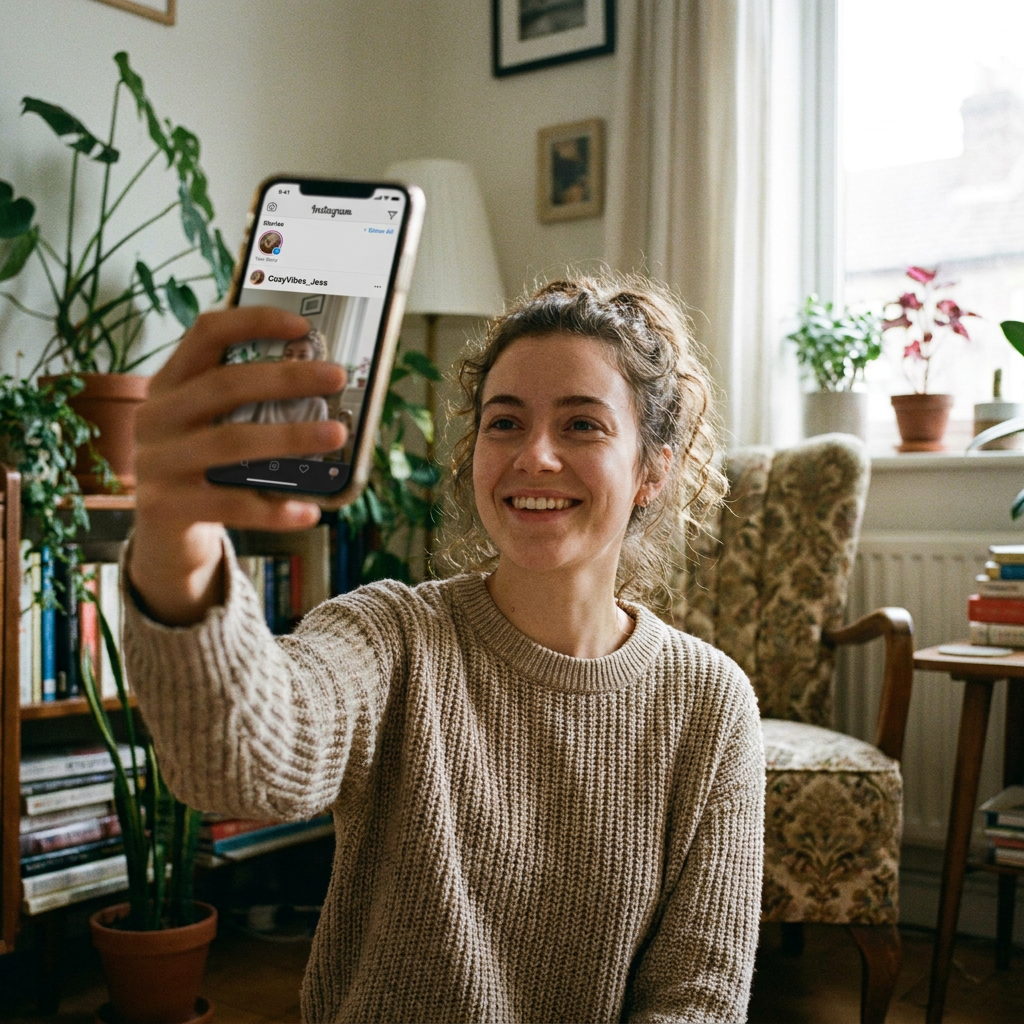 Authentic UGC-style portrait, a friendly young woman blogger smi…